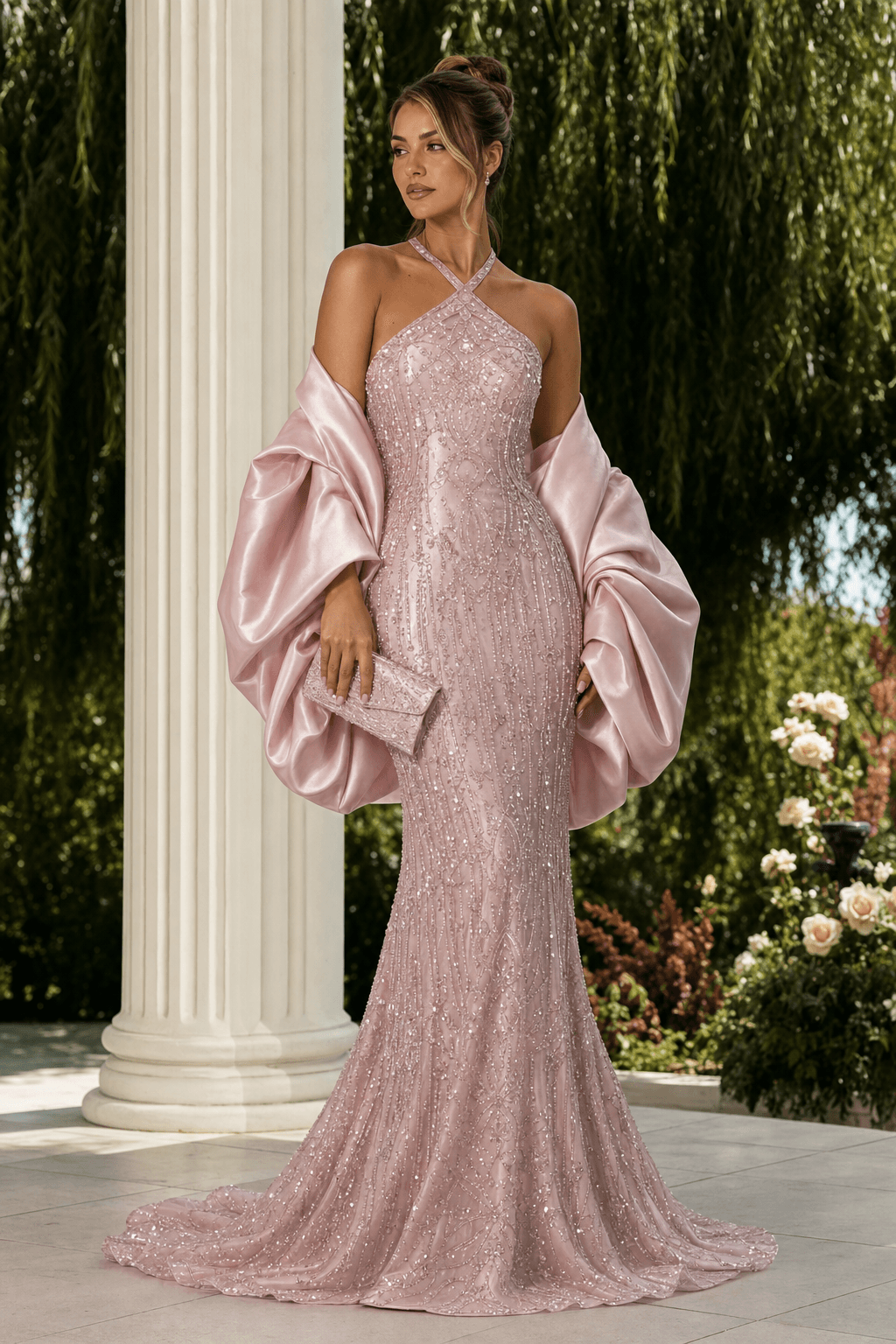 Blush embellished mermaid gown with satin wrap