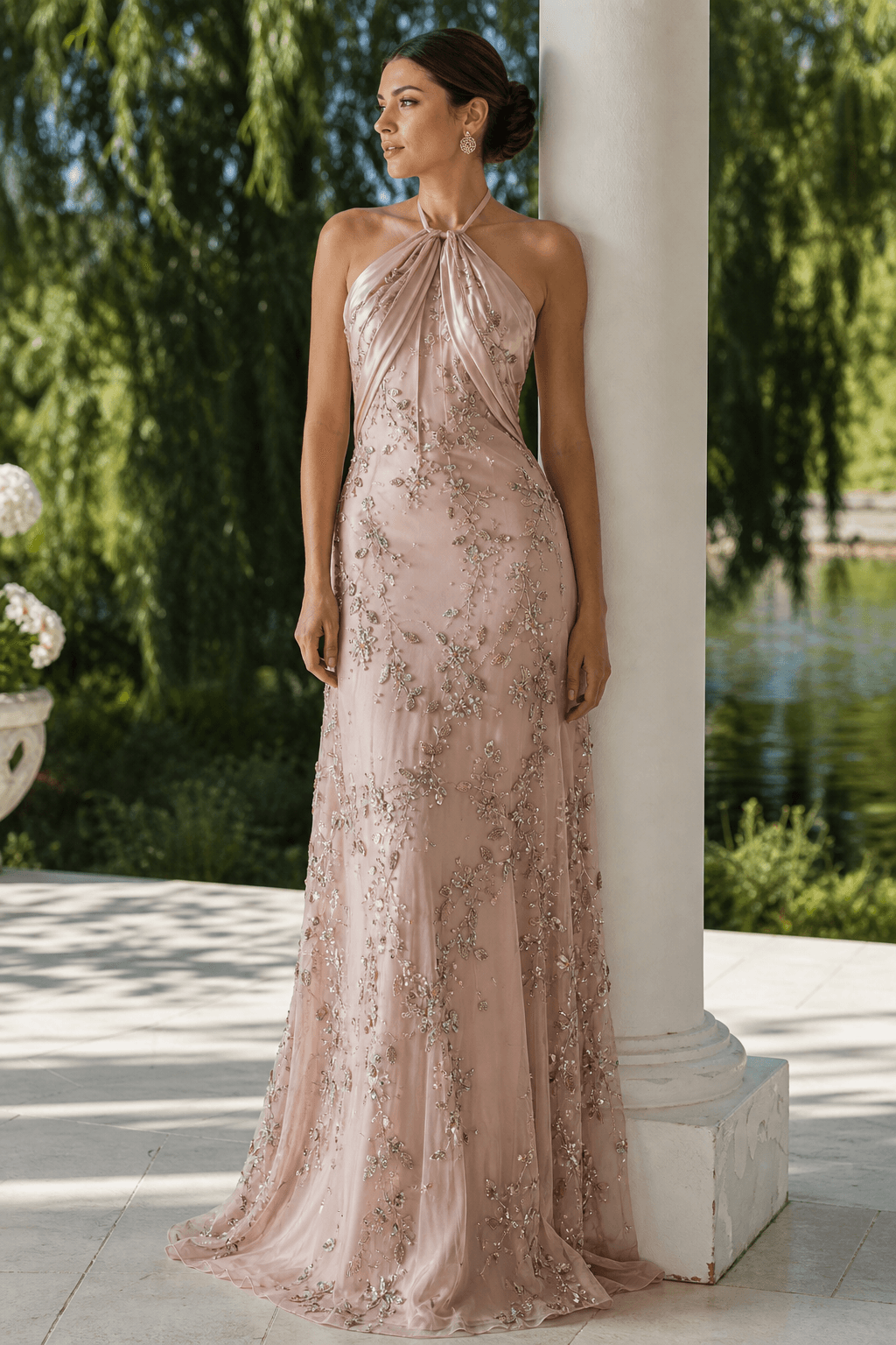 Blush embroidered halter gown — front view