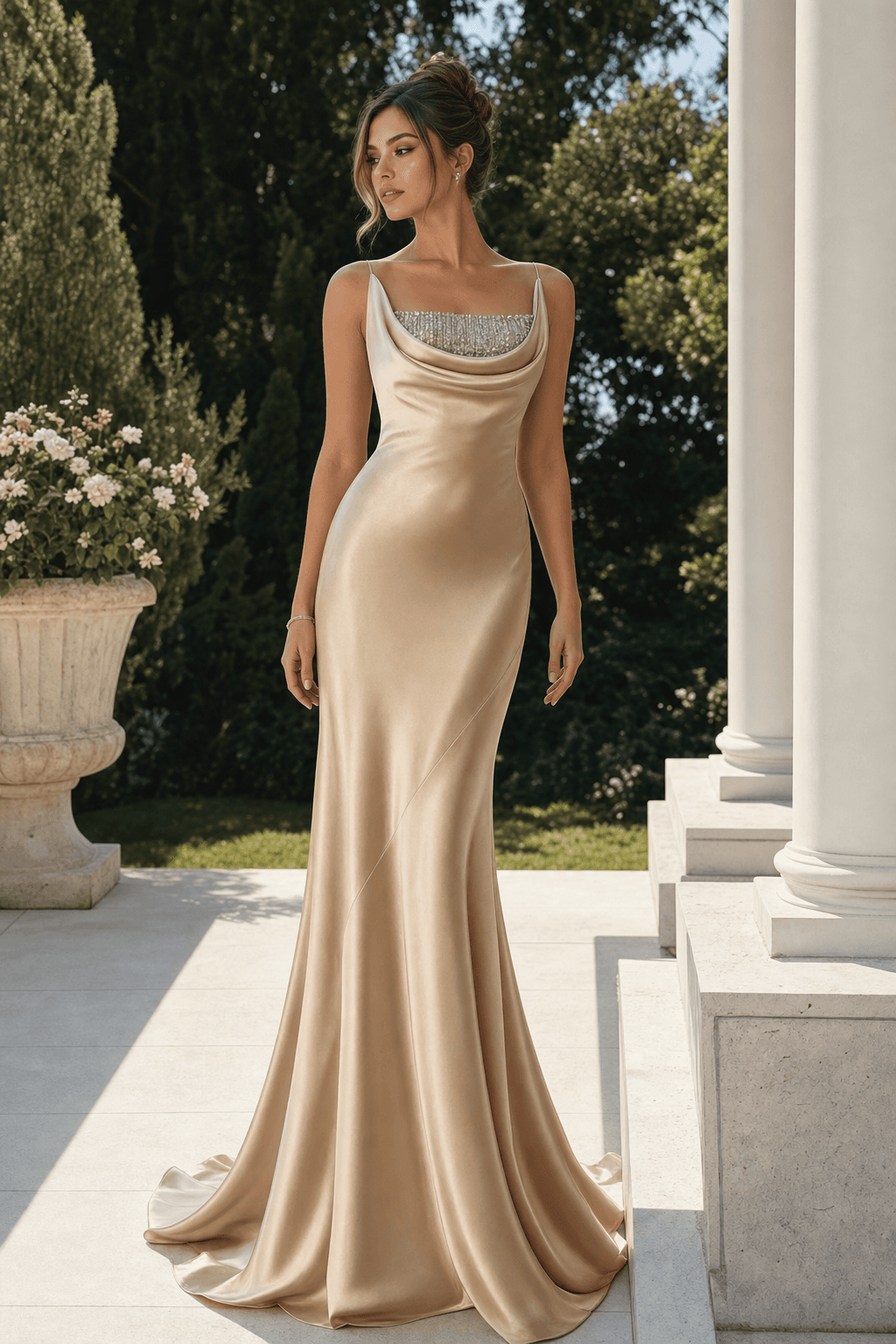 Champagne cowl neck gown with beaded bust — front view