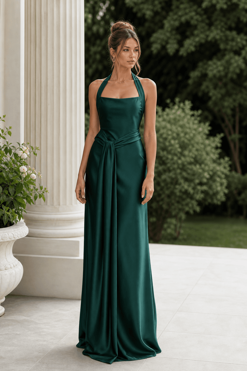 Emerald halter satin dress — front view