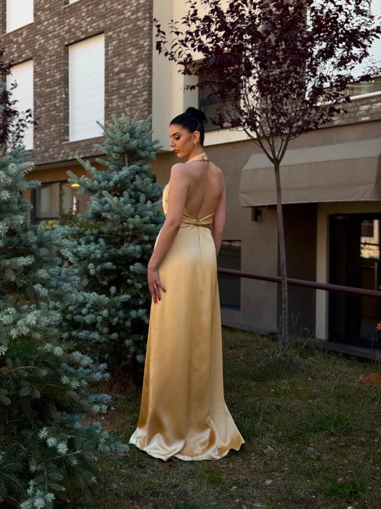 Gold sash satin dress — open back view