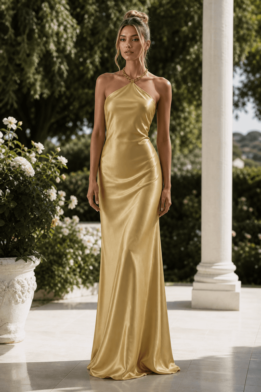 Liquid gold satin halter dress — front view