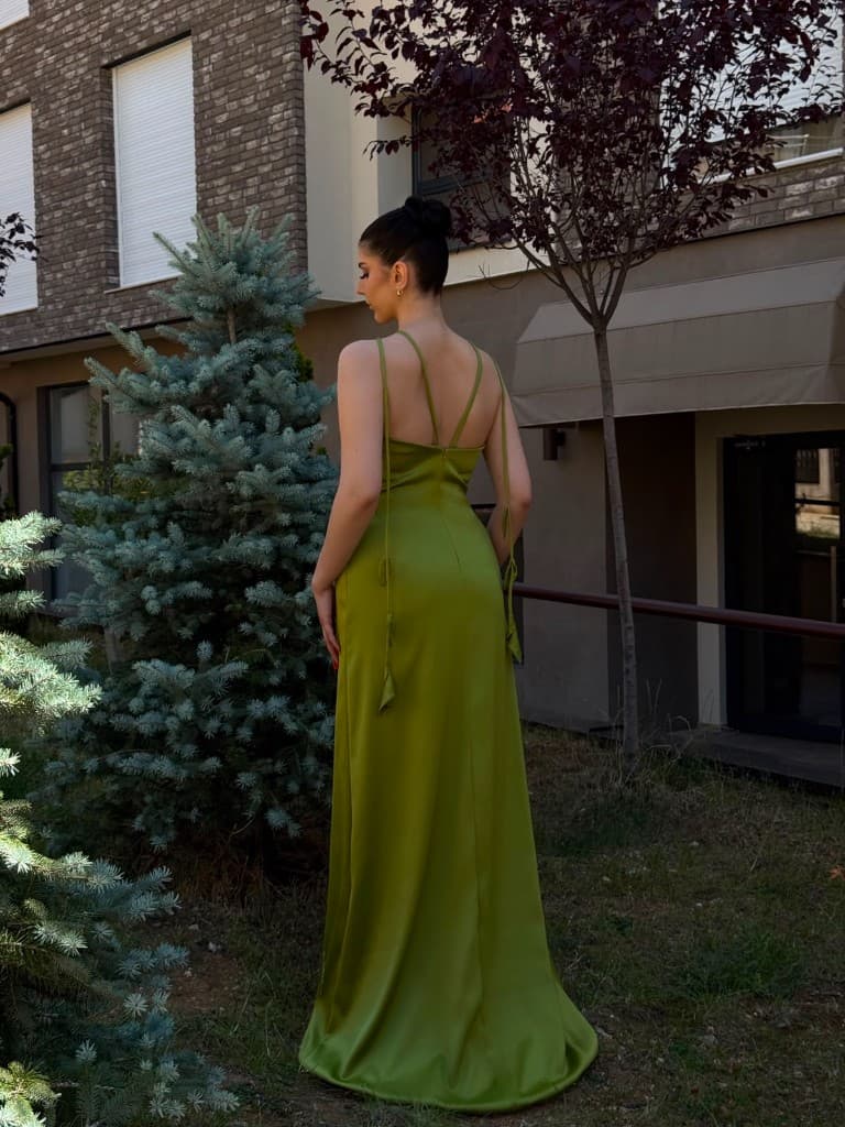 Olive leaf satin dress — full back view