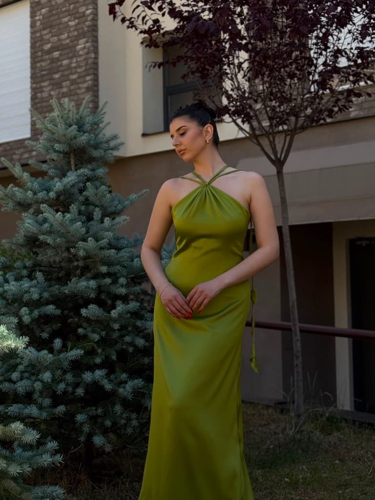 Olive leaf satin dress — front view, looking down