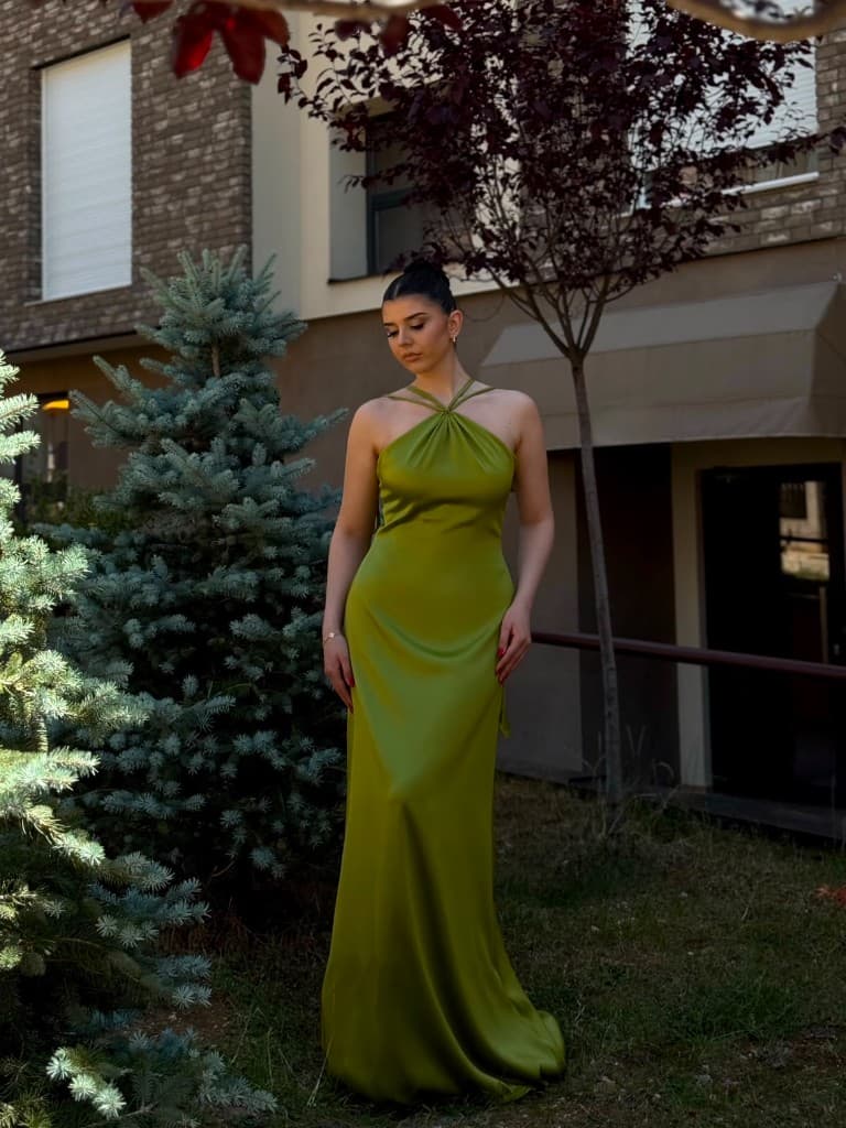 Olive leaf satin dress — front view
