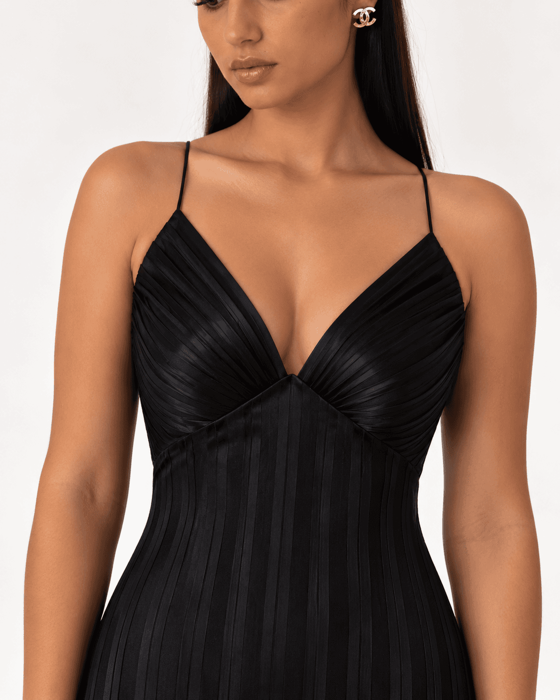 Noir stripe satin dress — pleated bust detail
