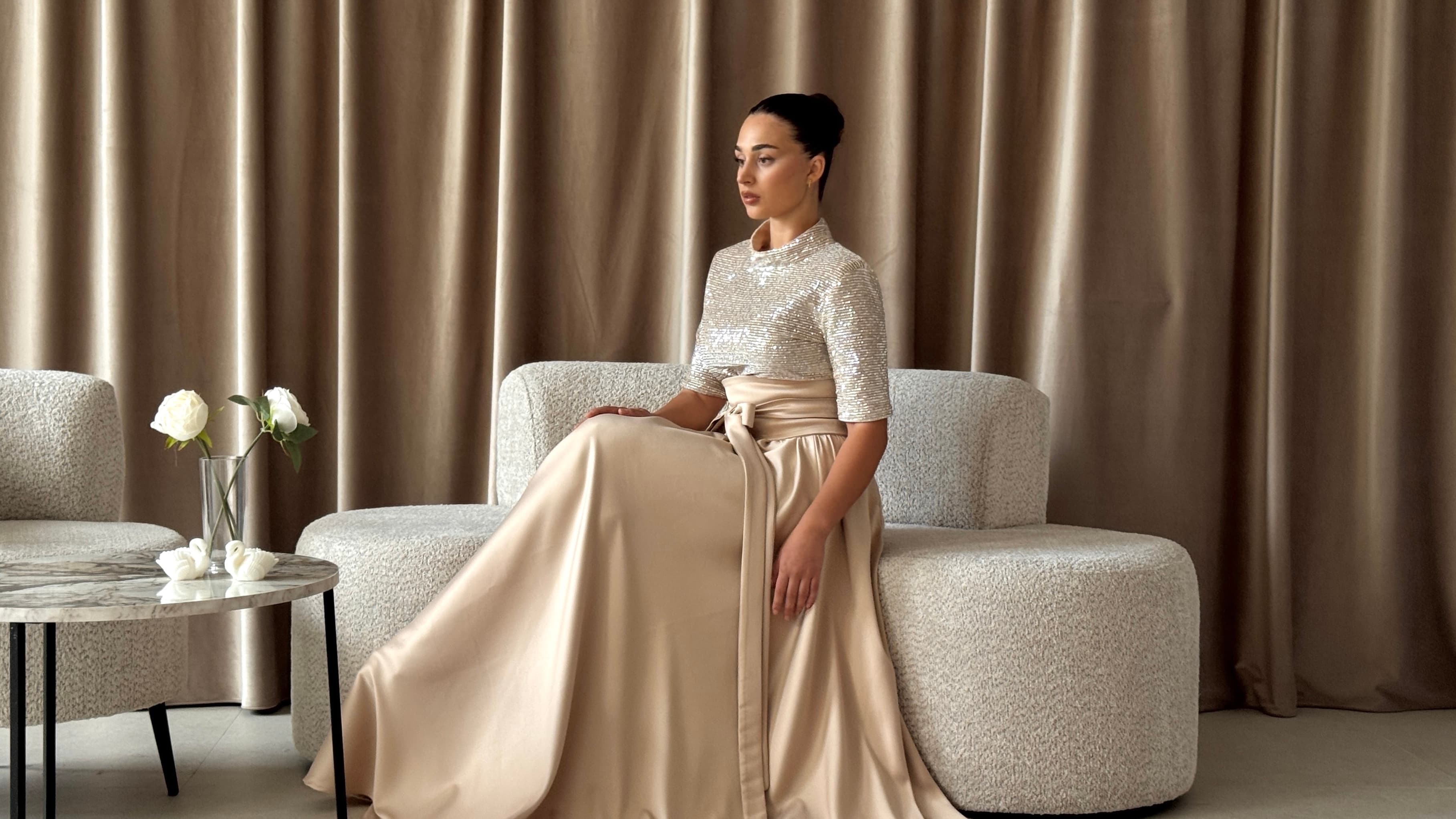 Champagne sequin top with satin wrap skirt — modern occasionwear by Dysh Atelier