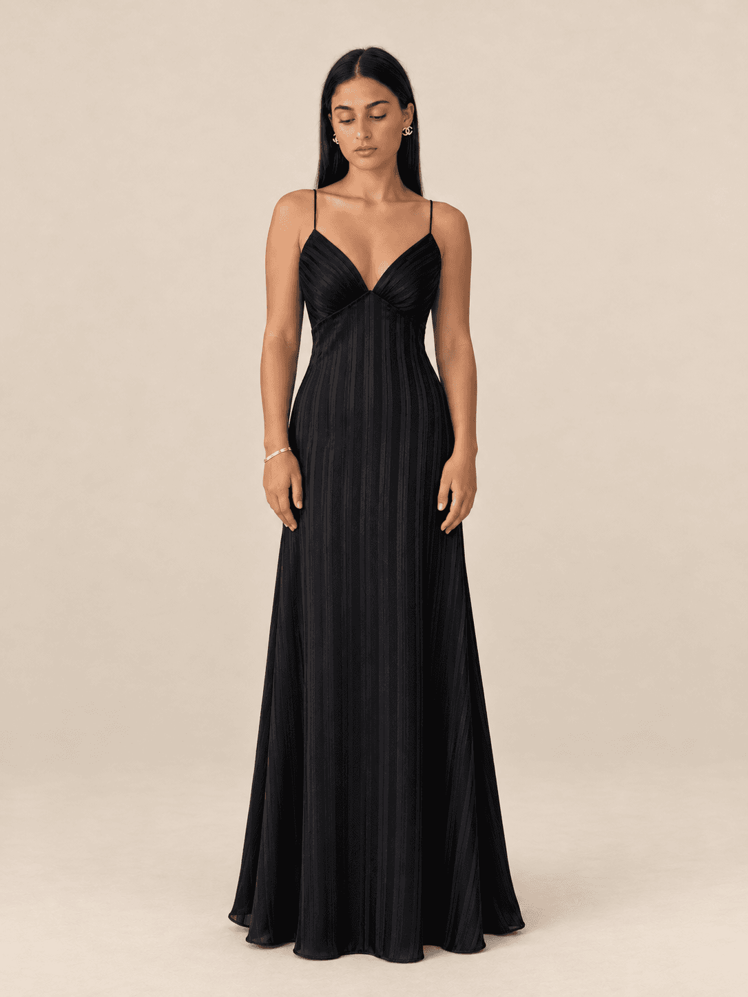 Noir stripe satin dress — front view on mannequin