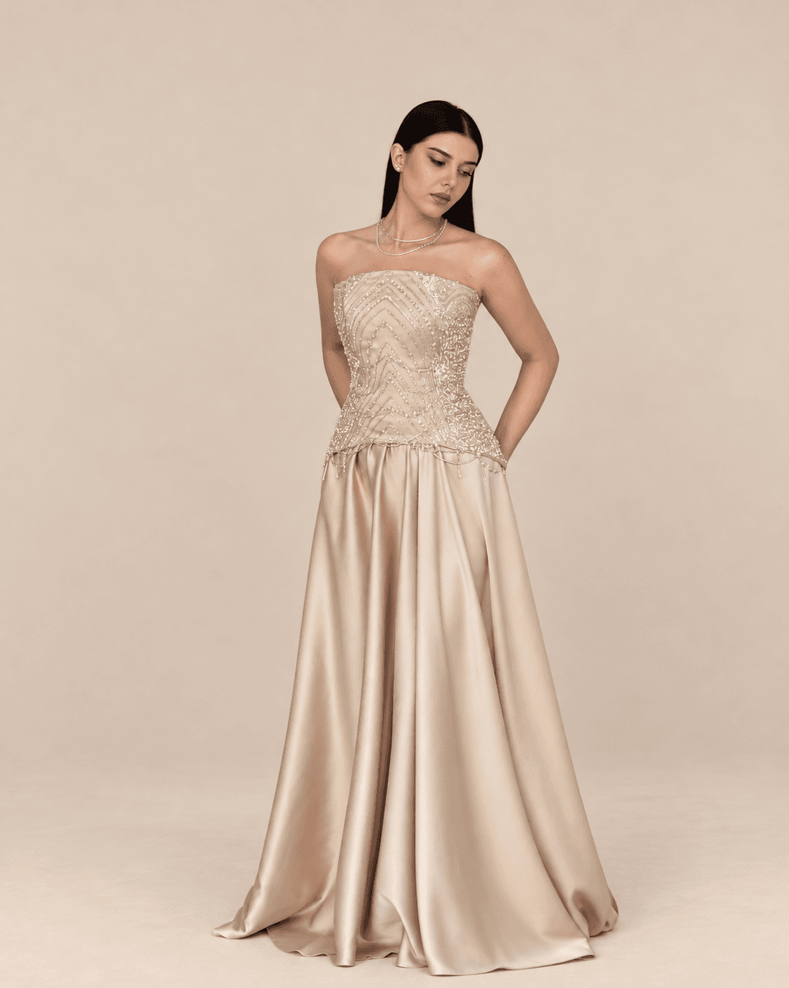 Champagne bead gown — full front view