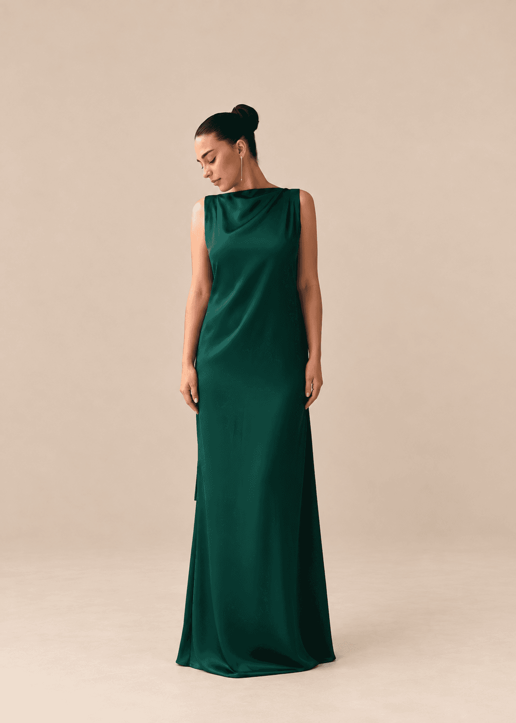 Emerald halter satin dress — front view