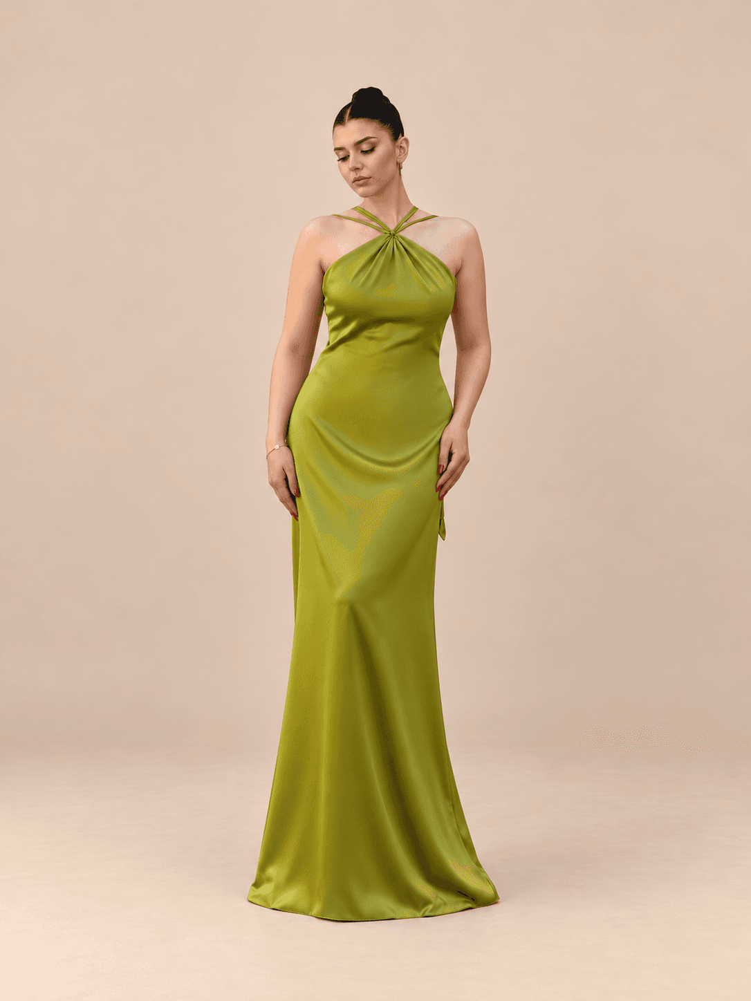 Olive leaf satin dress — front view