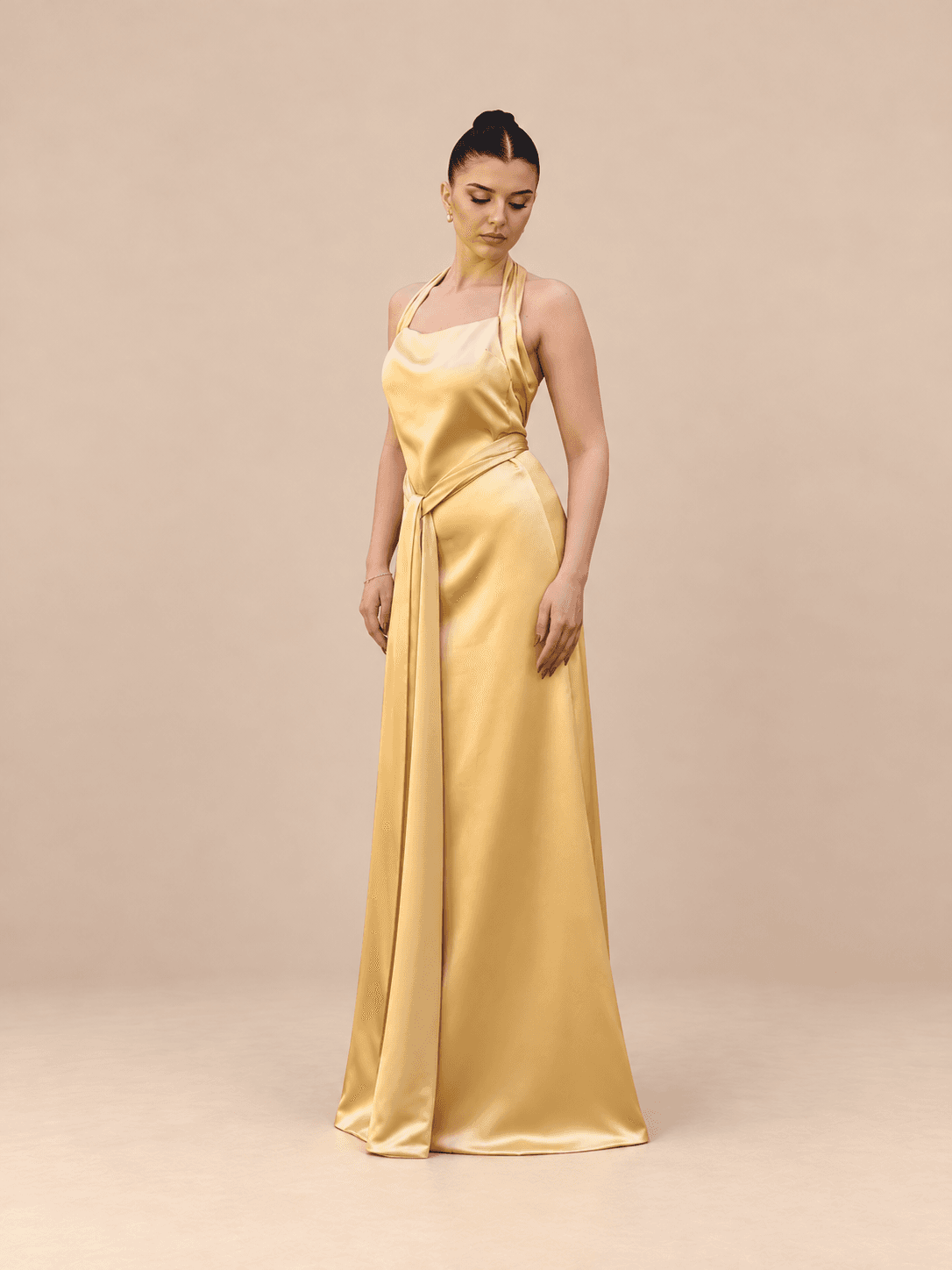 Gold sash satin dress — front view with waist tie
