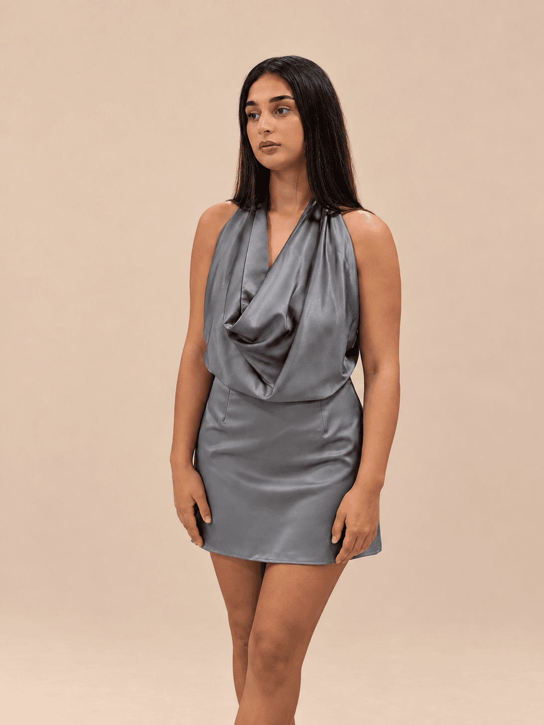 Champagne cowl neck gown with beaded bust — front view