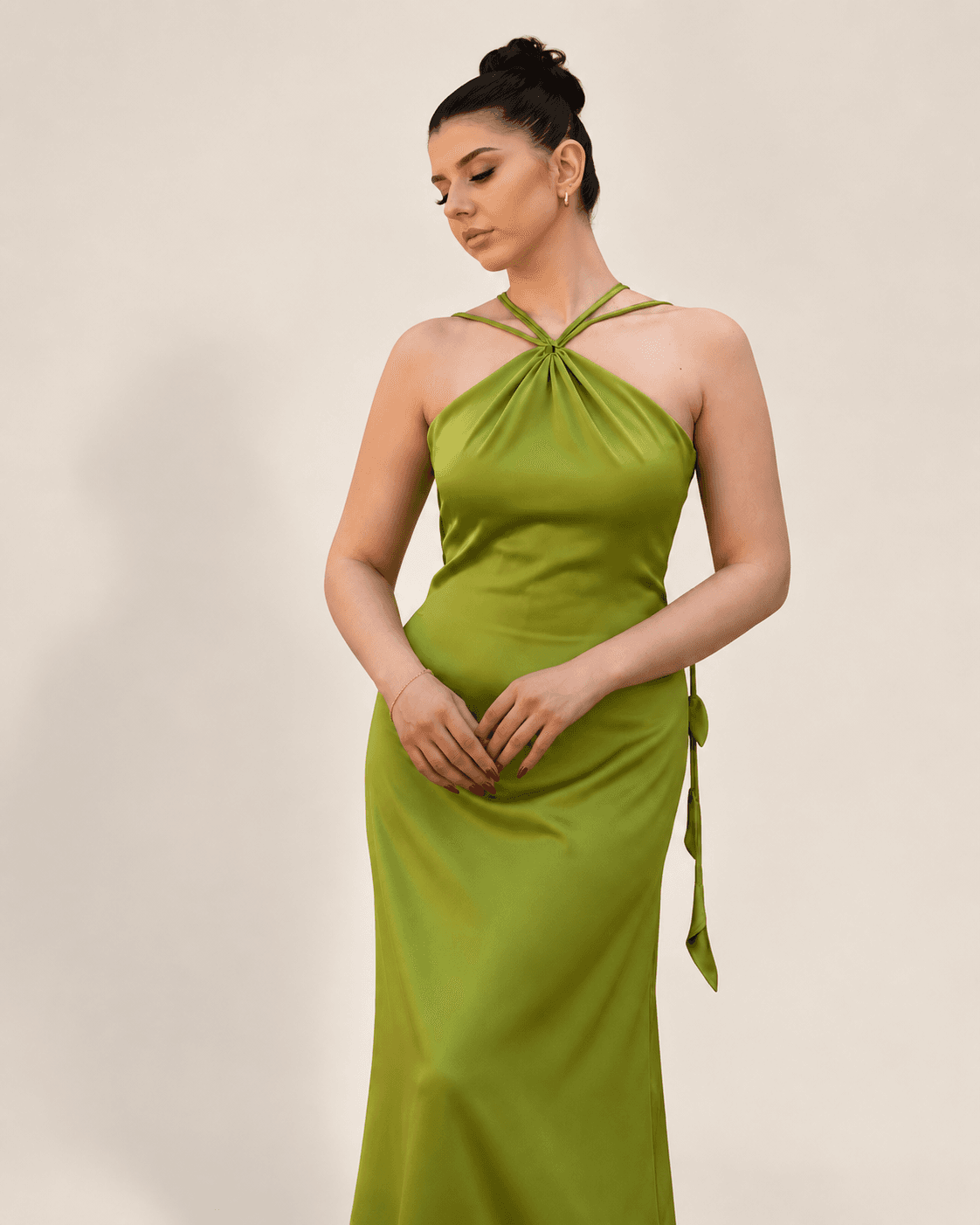 Olive leaf satin dress — front view, looking down