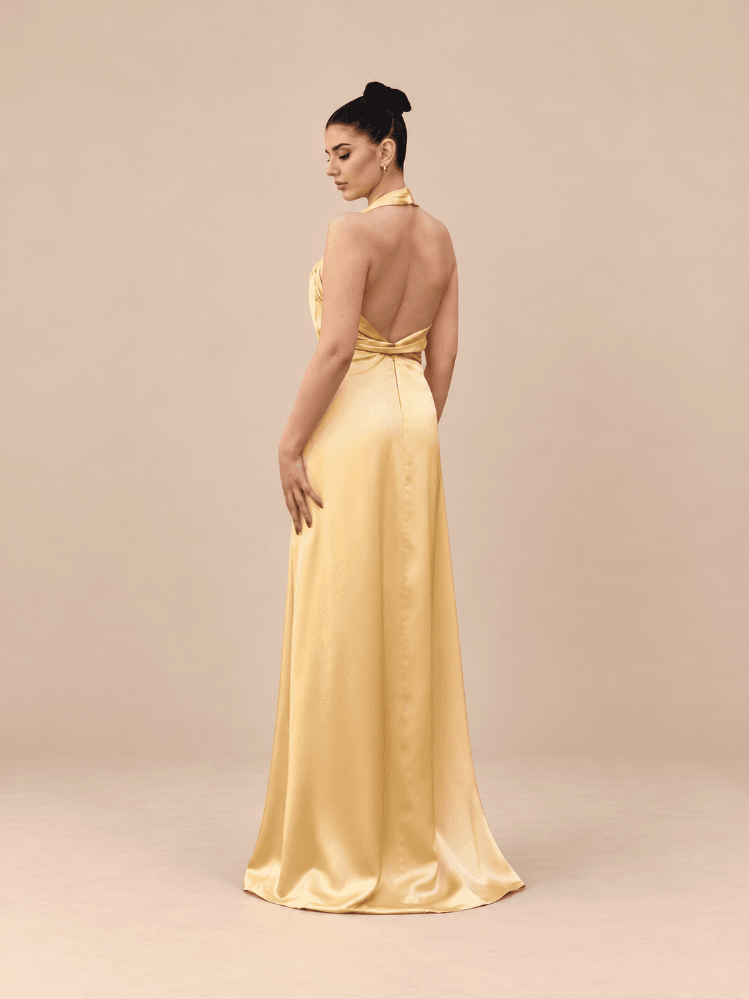 Gold sash satin dress — front view, looking down